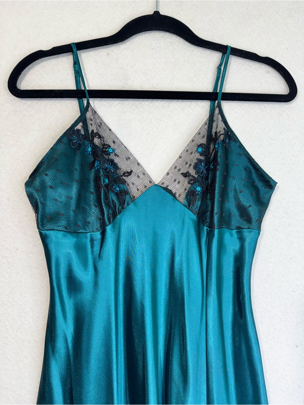 Secret Treasures Teal Blue Satin Slip Nightgown Sleep Dress Black Lace Accents